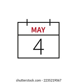 Calendario con fecha 4 de mayo, icono de línea nombre de mes y fecha. Ilustración vectorial plana para el diseño gráfico de la interfaz de usuario.