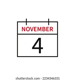 Kalender mit Datum 4. November, Zeilensymbol Monat und Datum. Flache Vektorgrafik für UI-Grafikdesign.