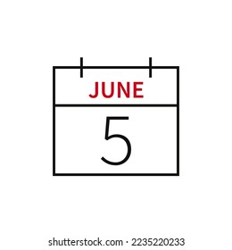 Calendar with date 5 june, line icon month name and date. Flat vector illustration for UI graphic design.