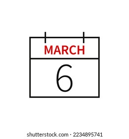 Calendar with date 6 march, line icon month name and date. Flat vector illustration for UI graphic design.