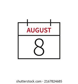 Kalender mit Datum 8. August, Zeilensymbol Monat und Datum. Flache Vektorgrafik für UI-Grafikdesign.