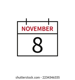 Calendar with date 8 november, line icon month name and date. Flat vector illustration for UI graphic design.