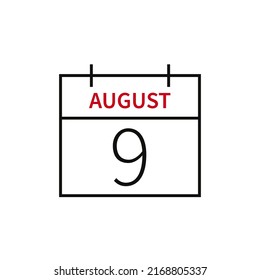 Calendario con fecha 9 de agosto, icono de línea nombre y fecha de mes. Ilustración vectorial plana para el diseño gráfico de la interfaz de usuario.