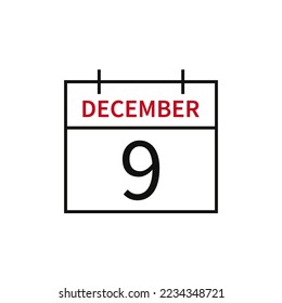 Calendar with date 9 december, line icon month name and date. Flat vector illustration for UI graphic design.