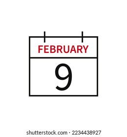 Calendar with date 9 february, line icon month name and date. Flat vector illustration for UI graphic design.