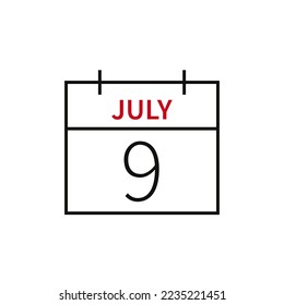 Calendar with date 9 july, line icon month name and date. Flat vector illustration for UI graphic design.