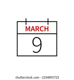Calendar with date 9 march, line icon month name and date. Flat vector illustration for UI graphic design.