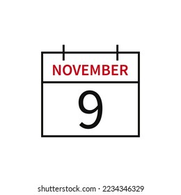 Calendar with date 9 november, line icon month name and date. Flat vector illustration for UI graphic design.
