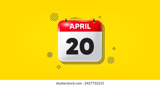 Icono de la fecha del calendario del 3 de abril. Icono del día 20 del mes. Fecha de programación del evento. Hora de cita de reunión. 20 de abril. Banner de fecha de mes del calendario. Página Día o Mensual. Vector