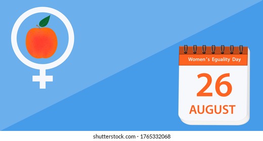 Calendar with the date of August 26, gender sign, red apple - vector. Banner. Women's Equality Day
