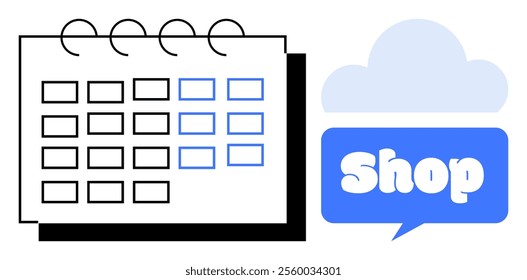 Calendar with date boxes and a speech bubble containing the word Shop inside a cloud. Ideal for planning, scheduling, e-commerce, online shopping, and business management. Simple vector style