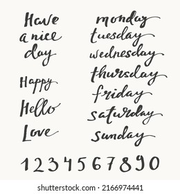 Calendar and date calligraphy set with week days, numbers. Black ink hand written set for planners, diary, organizer, event invitation design.