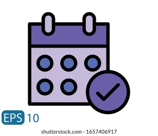 Calendar date check, appointment date check mark symbol, vector illustration, filled line style icon on white background. editable color. EPS 10