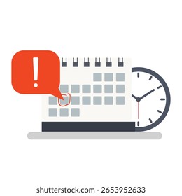 Notificación de fecha límite del calendario. Icono de calendario y reloj. Día, mes, año. Ilustración de stock.