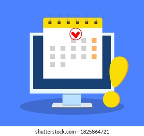 Kalenderdatum als Termin-Benachrichtigung auf Computerbildschirm. Flache Cartoon-Erinnerung an die Tagesordnung geplant. Vektorgrafik im Flachstil.