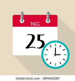 Calendario con fecha 25 de diciembre y vector de reloj para presentación y sitio web