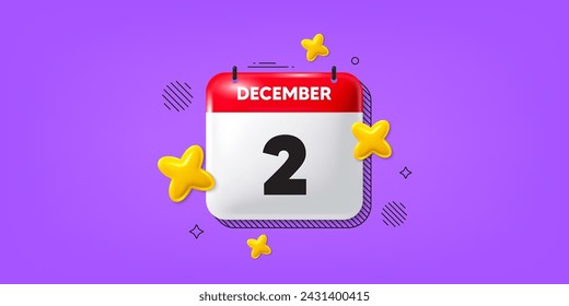 Icono de la fecha del calendario del 3 de diciembre. Icono del 2º día del mes. Fecha de programación del evento. Hora de cita de reunión. 2 de diciembre. Banner de fecha de mes del calendario. Página Día o Mensual. Vector