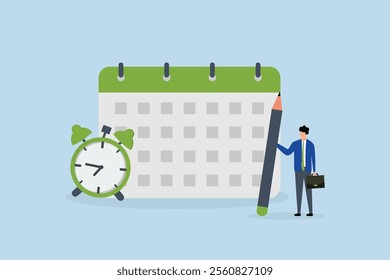 Calendar date event, businessman circles significant date event on calendar. 