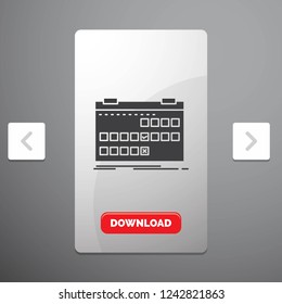 Calendar, date, event, release, schedule Glyph Icon in Carousal Pagination Slider Design & Red Download Button