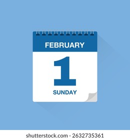 Calendar with date February 1. Day calendar icon vector, event calendar reminder, business meeting schedule date sign, deadline template, appointment date symbol, page calendar agenda planner sign.