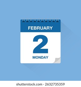 Calendar with date February 2. Day calendar icon vector, event calendar reminder, business meeting schedule date sign, deadline template, appointment date symbol, page calendar agenda planner sign.