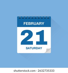 Calendar with date February 21. Day calendar icon vector, event calendar reminder, business meeting schedule date sign, deadline template, appointment date symbol, page calendar agenda planner sign.