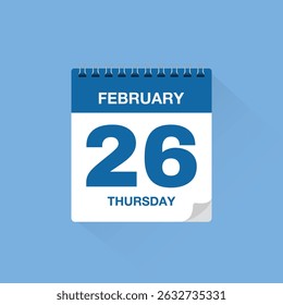 Calendar with date February 26. Day calendar icon vector, event calendar reminder, business meeting schedule date sign, deadline template, appointment date symbol, page calendar agenda planner sign.