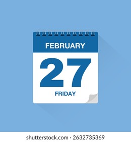 Calendar with date February 27. Day calendar icon vector, event calendar reminder, business meeting schedule date sign, deadline template, appointment date symbol, page calendar agenda planner sign.