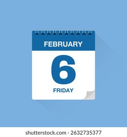 Calendar with date February 6. Day calendar icon vector, event calendar reminder, business meeting schedule date sign, deadline template, appointment date symbol, page calendar agenda planner sign.