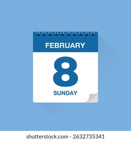 Calendar with date February 8. Day calendar icon vector, event calendar reminder, business meeting schedule date sign, deadline template, appointment date symbol, page calendar agenda planner sign.