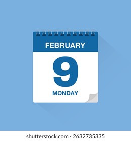 Calendar with date February 9. Day calendar icon vector, event calendar reminder, business meeting schedule date sign, deadline template, appointment date symbol, page calendar agenda planner sign.