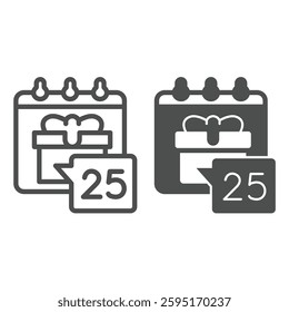 Calendar date with gift box line and solid icon, merry christmas concept. Vector graphics. Date of Christmas holiday sign on white background, outline style icon for mobile or web design