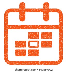 Calendar Date grainy textured icon for overlay watermark stamps. Flat symbol with unclean texture. Dotted vector orange ink rubber seal stamp with grunge design on a white background.