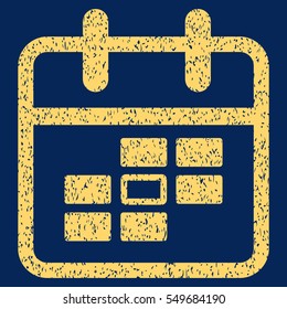 Calendar Date grainy textured icon for overlay watermark stamps. Flat symbol with unclean texture. Dotted vector yellow ink rubber seal stamp with grunge design on a blue background.