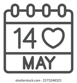 Calendar date with heart shape line icon, mother day concept. Vector graphics. Page with 14 may event sign on white background, outline style icon for mobile or web design