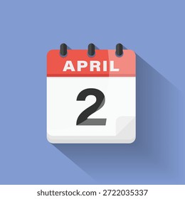 Ícone de data do calendário 2 de abril design plano sombra longa vermelho azul digital lembrete gráfico