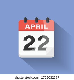 Ícone de data do calendário 22 de abril design plano sombra longa vermelho azul digital lembrete gráfico