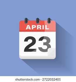 Ícone de data do calendário 23 de abril design plano sombra longa vermelho azul digital lembrete gráfico