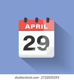 Ícone de data do calendário 29 de abril design plano sombra longa vermelho azul digital lembrete agenda