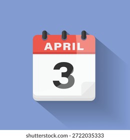 Ícone de data do calendário abril 3 desenho plano sombra longa vermelho azul azul digital lembrete gráfico
