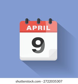 Ícone de data do calendário 9 de abril design plano sombra longa vermelho azul digital lembrete gráfico