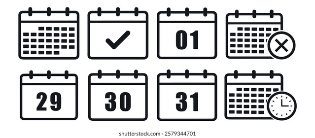  Calendar date icon set. Planner. Calendar icon with different date from 1, 29, 30 and 31 day. Meeting deadlines. Isolated on white background