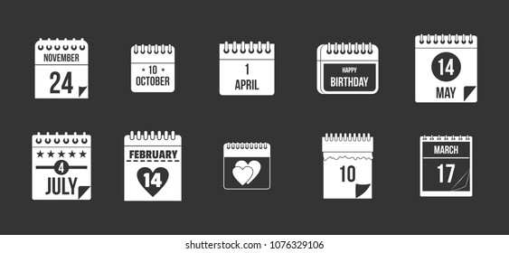 Calendar date icon set vector white isolated on grey background 