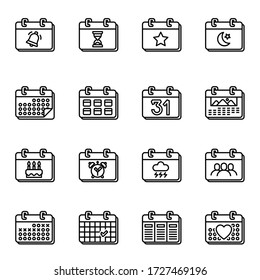 Calendar and date icons set on white background. Thin line style stock vector.