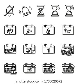 Calendar and date icons set on white background. Thin line style stock vector.