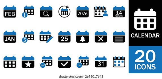 Calendario y fecha Iconos Establecer. horario, hora, evento, recordatorio, planificador, reunión, fecha límite, cita, día, mes, año, reloj, agenda y más. iconos sólidos Vector