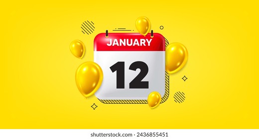 Icono de fecha calendario del 3 de enero. Icono del día 12 del mes. Fecha de programación del evento. Hora de cita de reunión. 12 de enero. Banner de fecha de mes del calendario. Página Día o Mensual. Vector