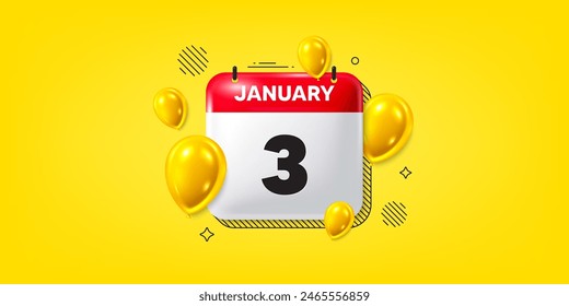Calendar date of January 3d icon. 3rd day of the month icon. Event schedule date. Meeting appointment time. 3rd day of January. Calendar month date banner. Day or Monthly page. Vector