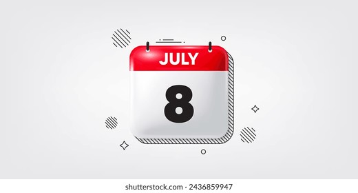 Icono de la fecha del calendario del 3 de julio. Icono del 8º día del mes. Fecha de programación del evento. Hora de cita de reunión. 8 de julio. Banner de fecha de mes del calendario. Página Día o Mensual. Vector