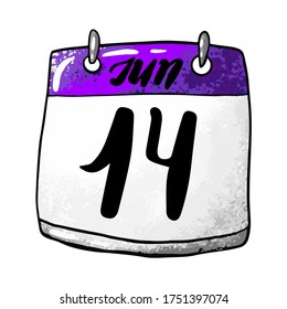 Calendario con la fecha del 14 de junio en un fondo blanco. Día Mundial de la Donación de Sangre, Día Internacional del Blogger, Día de la Bandera Americana. Ilustración del vector